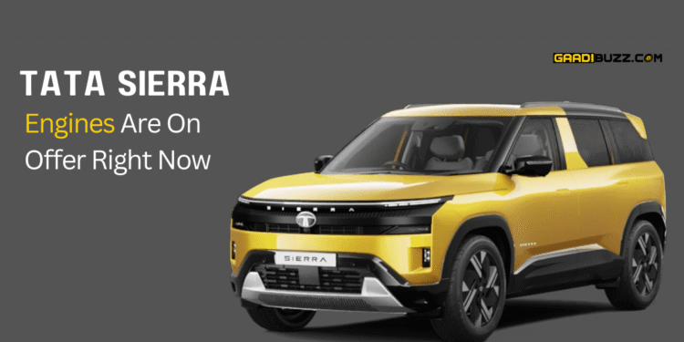 A comparison graphic showing three Tata Sierra engine options: 1.5-litre NA Petrol, 1.5-litre Turbo-Petrol TGDi, and 1.5-litre Diesel, with key power and torque figures.