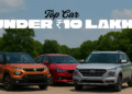 Tata Punch, Maruti Suzuki Baleno, and Hyundai Venue parked on an open road with green trees and clear sky, representing the best cars under 10 lakhs in India 2025.